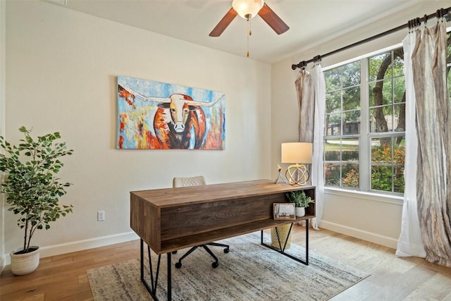 home office with wood finished floors, baseboards, plenty of natural light, and ceiling fan