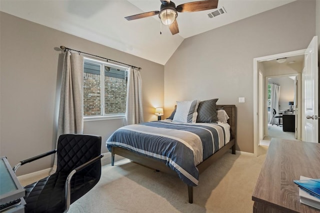 bedroom with visible vents, baseboards, ceiling fan, vaulted ceiling, and light colored carpet