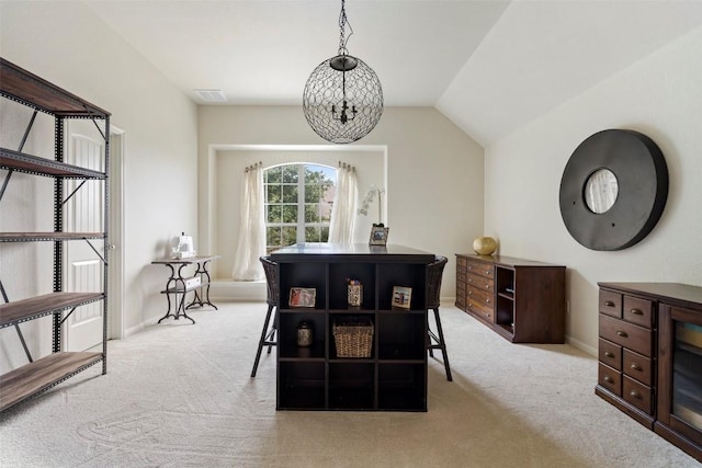 dining space with lofted ceiling, baseboards, visible vents, and carpet floors