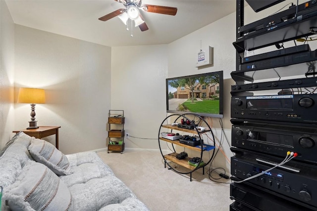 carpeted bedroom with baseboards and ceiling fan