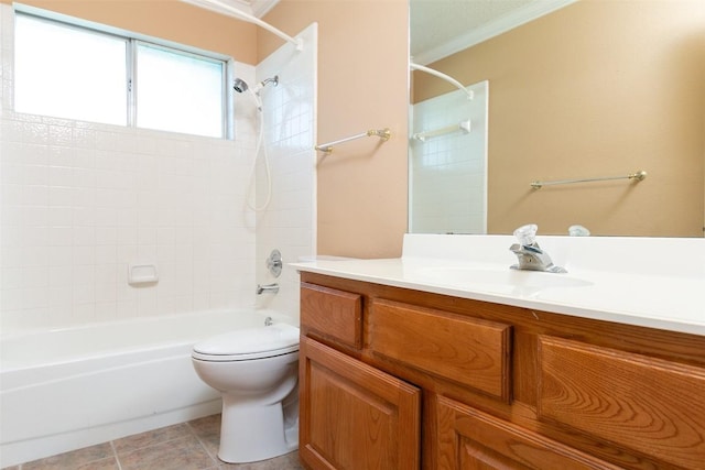 bathroom with vanity, tile patterned flooring, shower / washtub combination, crown molding, and toilet