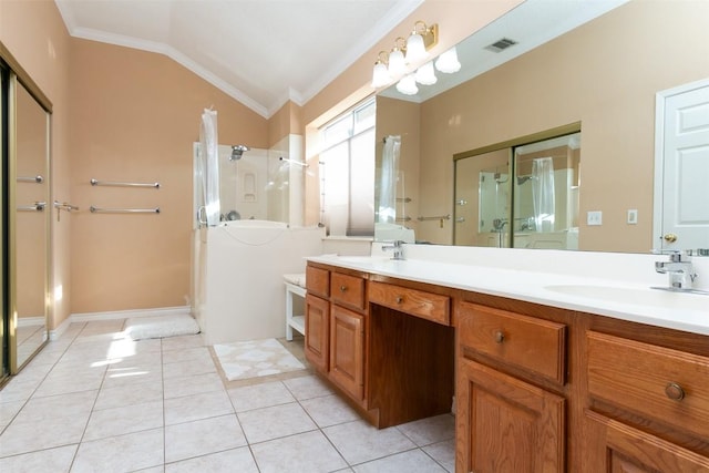 full bath featuring vaulted ceiling, visible vents, a stall shower, and a sink