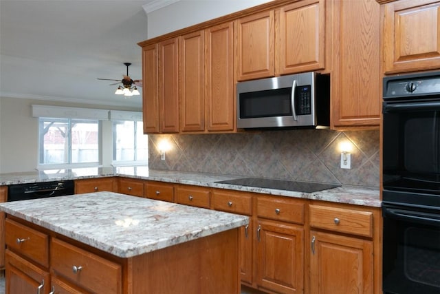 kitchen featuring tasteful backsplash, black appliances, crown molding, and ceiling fan