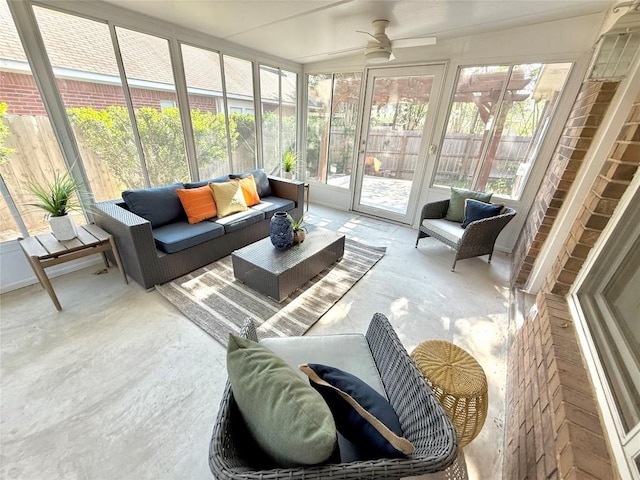 sunroom with an outdoor hangout area and ceiling fan