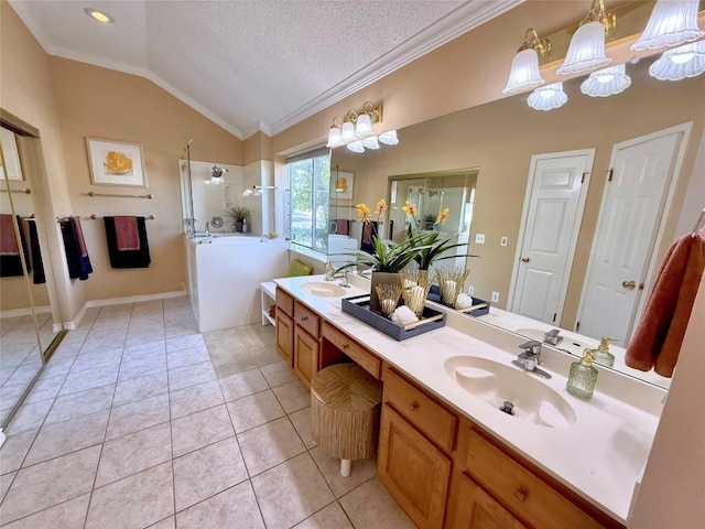 full bathroom featuring lofted ceiling, tile patterned flooring, a walk in shower, a textured ceiling, and crown molding