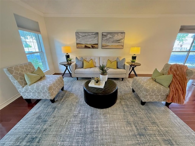 8603 Tomah Dr, Austin, TX 78717 - living area featuring wood finished floors, crown molding, healthy amount of natural light, and baseboards