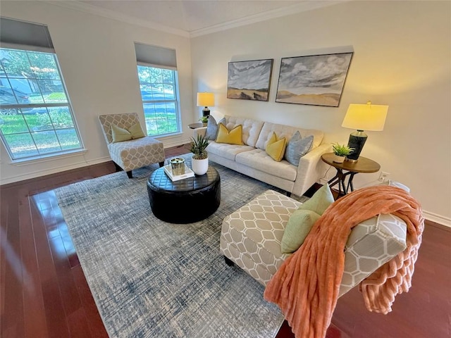 living area with wood finished floors, crown molding, and baseboards