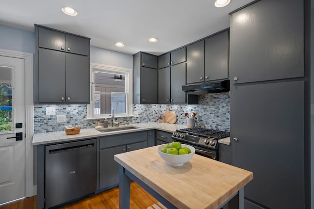 kitchen with a sink, gray cabinets, under cabinet range hood, and stainless steel appliances