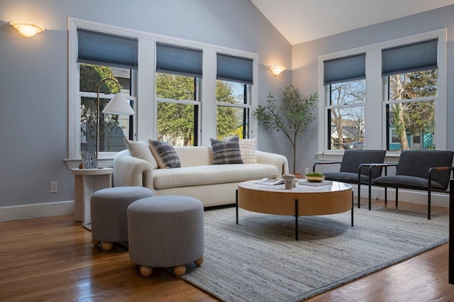 living area featuring wood finished floors, baseboards, and high vaulted ceiling