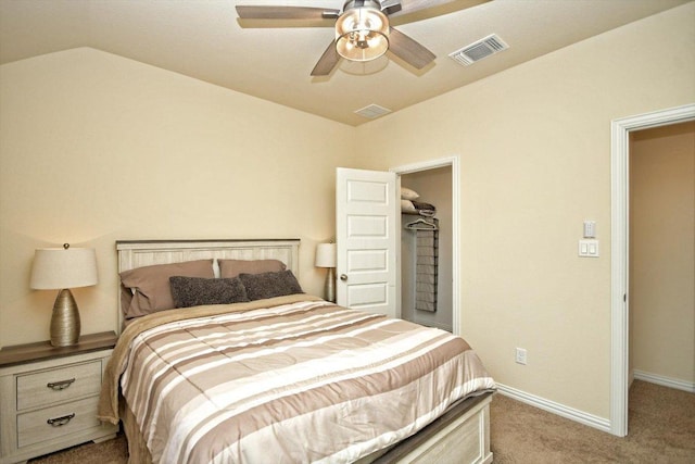 bedroom featuring visible vents, carpet flooring, baseboards, and ceiling fan