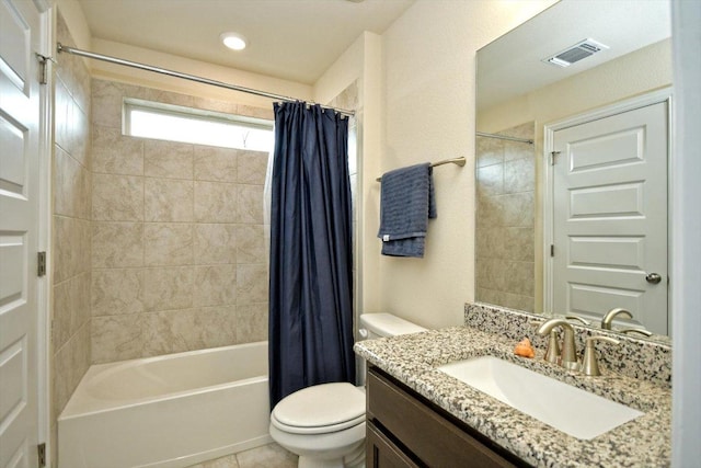 bathroom featuring visible vents, toilet, recessed lighting, vanity, and shower / bathtub combination with curtain