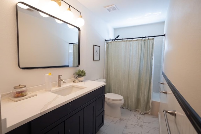 full bath with visible vents, toilet, marble finish floor, vanity, and shower / bathtub combination with curtain