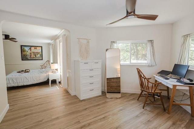 office area featuring a ceiling fan, plenty of natural light, and light wood finished floors