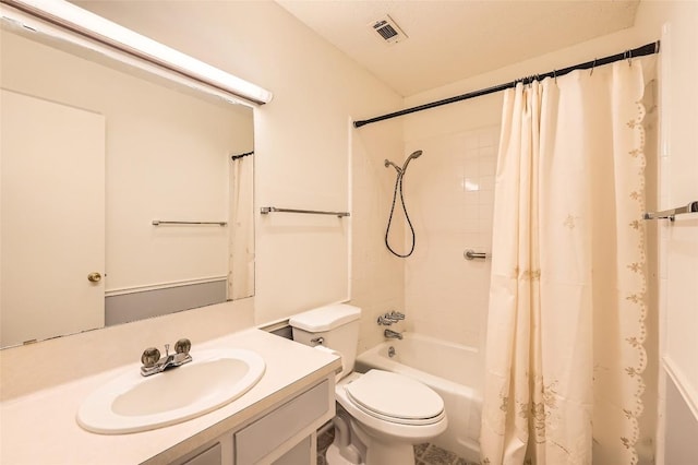 bathroom featuring visible vents, shower / bath combination with curtain, toilet, and vanity