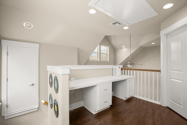 1601 Miriam Ave Unit 103, Austin, TX 78702 - unfurnished office featuring attic access, dark wood-style floors, recessed lighting, and lofted ceiling