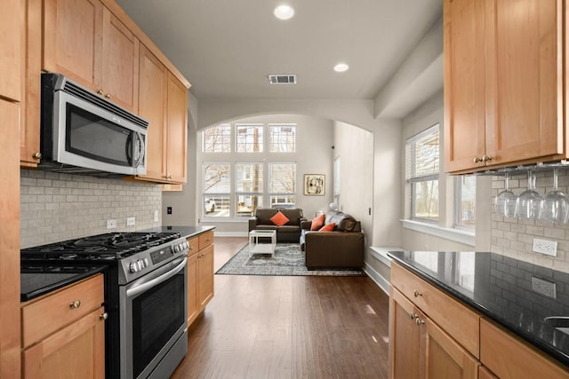 1601 Miriam Ave Unit 103, Austin, TX 78702 - kitchen with appliances with stainless steel finishes, open floor plan, arched walkways, dark wood-style floors, and backsplash