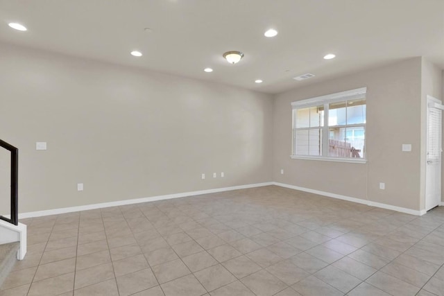 unfurnished living room featuring visible vents, recessed lighting, stairs, and baseboards