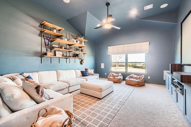 carpeted living room with visible vents, baseboards, lofted ceiling, and ceiling fan