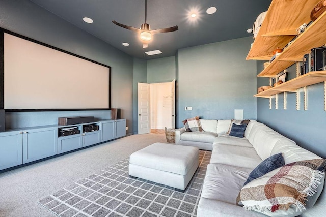 home theater featuring recessed lighting, carpet floors, and ceiling fan