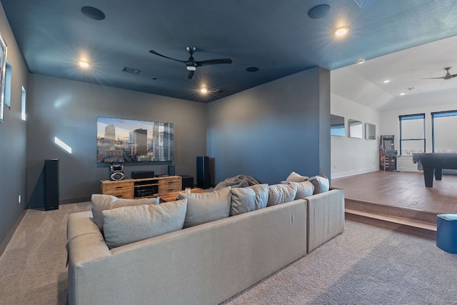 living area with visible vents, wood finished floors, recessed lighting, baseboards, and ceiling fan