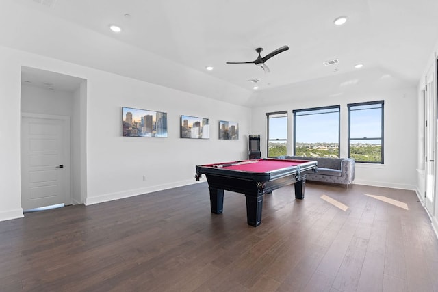 rec room featuring pool table, recessed lighting, dark wood finished floors, and baseboards