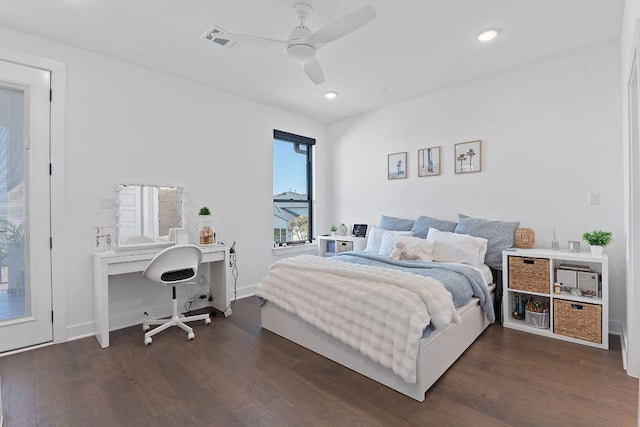 bedroom with visible vents, baseboards, recessed lighting, a ceiling fan, and dark wood-style flooring