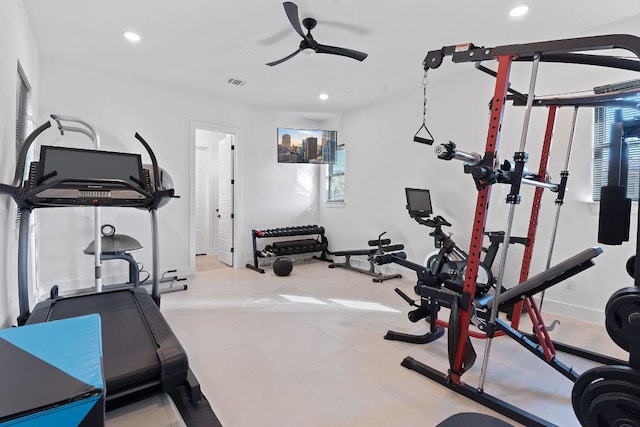 workout room with visible vents, recessed lighting, baseboards, and a ceiling fan