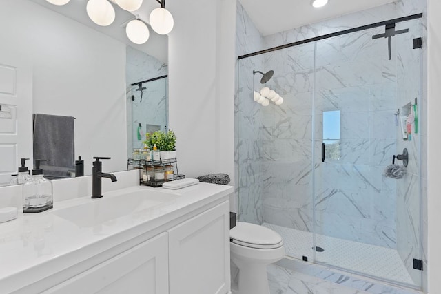 bathroom with a marble finish shower, toilet, marble finish floor, and vanity