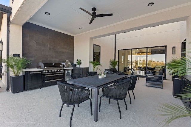 view of patio with outdoor dining area and ceiling fan