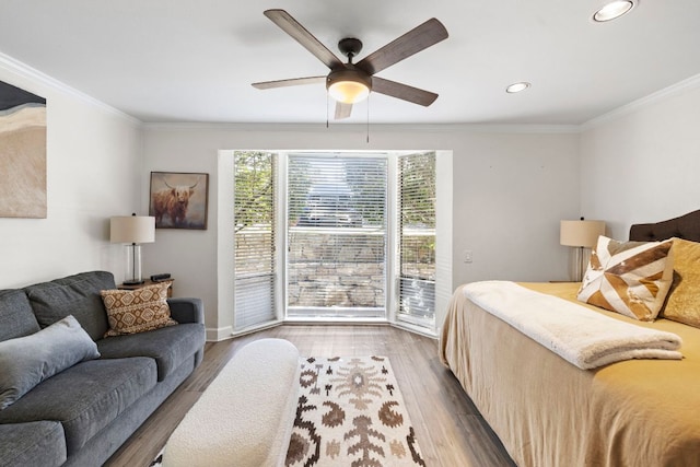 bedroom featuring crown molding, recessed lighting, wood finished floors, a ceiling fan, and access to outside