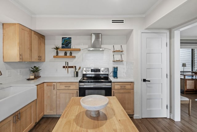 kitchen with stainless steel electric range oven, dark wood finished floors, open shelves, butcher block countertops, and wall chimney range hood