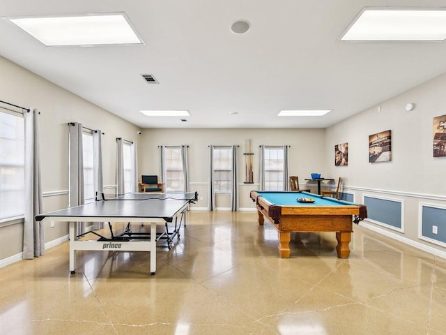 rec room featuring billiards, baseboards, visible vents, wainscoting, and a decorative wall