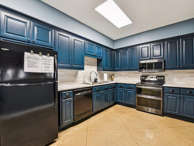 kitchen featuring decorative backsplash, black appliances, light countertops, and a sink