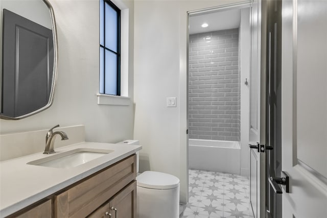 full bathroom featuring tile patterned floors, shower / bathtub combination, toilet, and vanity