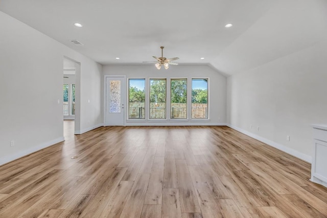 unfurnished living room with recessed lighting, visible vents, ceiling fan, and light wood finished floors