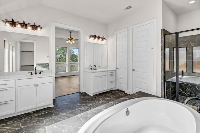 full bath featuring a sink, visible vents, a bathing tub, and a shower stall