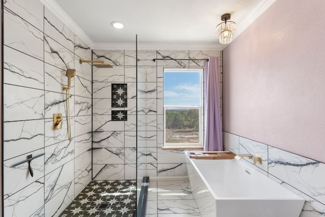 full bathroom featuring a marble finish shower, tile walls, and ornamental molding