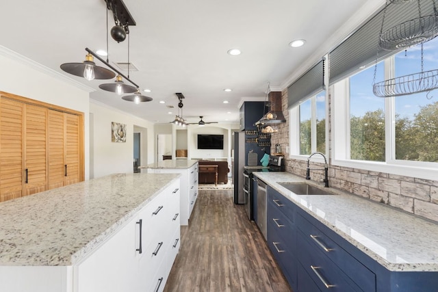 kitchen with a sink, blue cabinetry, open floor plan, and a center island