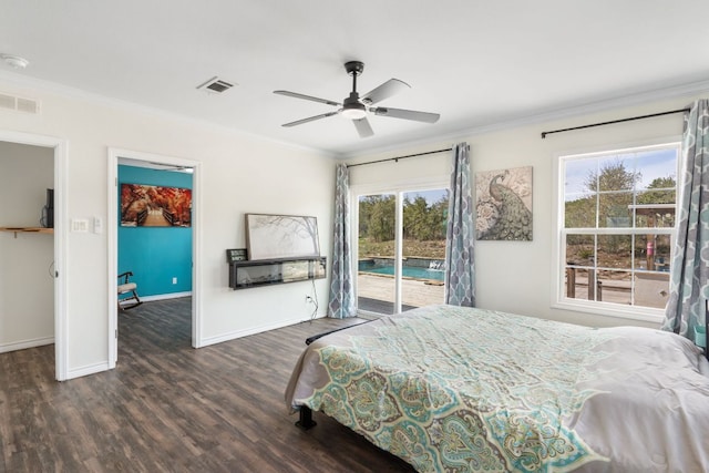 bedroom with access to exterior, multiple windows, crown molding, and visible vents