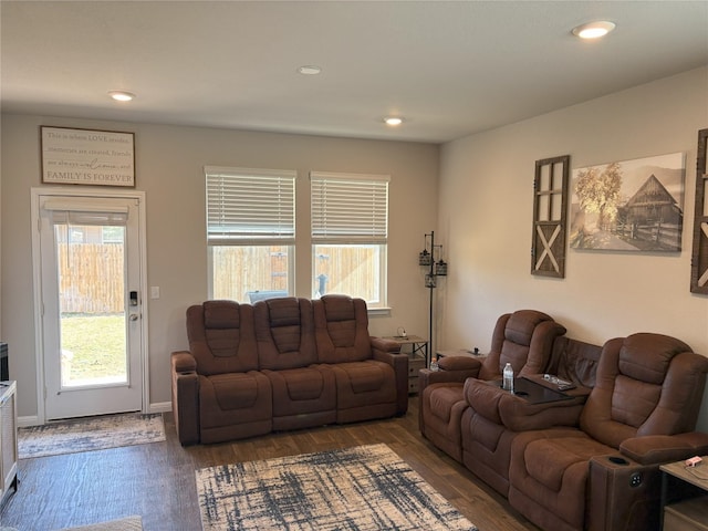 living room featuring recessed lighting and dark wood-style floors