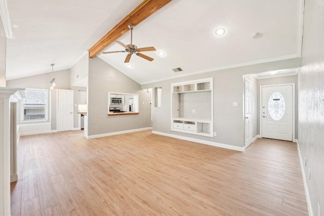 unfurnished living room with built in shelves, a ceiling fan, visible vents, light wood finished floors, and beamed ceiling