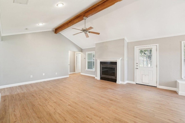 unfurnished living room featuring lofted ceiling with beams, baseboards, light wood-type flooring, and a ceiling fan