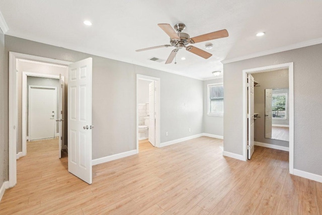 unfurnished bedroom with visible vents, recessed lighting, crown molding, light wood finished floors, and baseboards