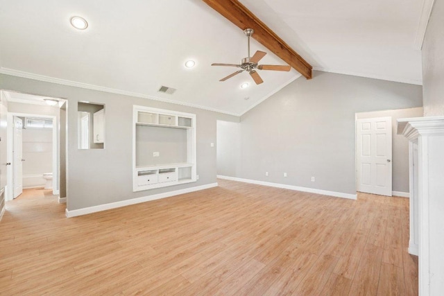 unfurnished living room featuring light wood finished floors, visible vents, vaulted ceiling with beams, and ceiling fan