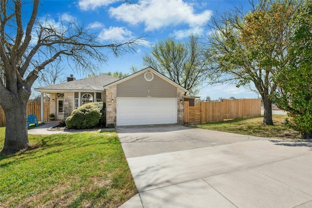 single story home with an attached garage, fence, a chimney, stone siding, and driveway