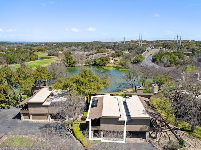 bird's eye view with a water view