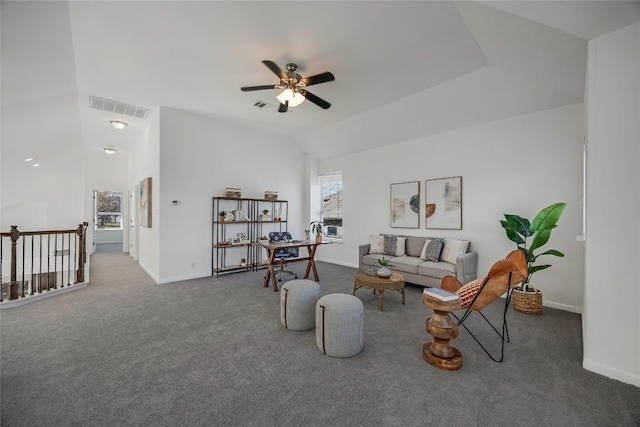 living room with visible vents, baseboards, ceiling fan, vaulted ceiling, and carpet flooring