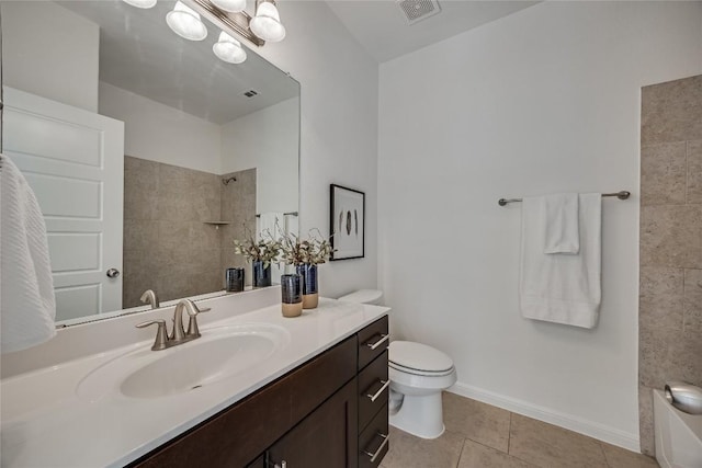 bathroom with vanity, visible vents, tile patterned flooring, a shower, and toilet