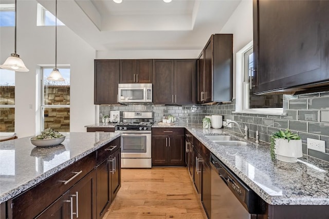 kitchen featuring dark brown cabinets, light wood-style flooring, stainless steel appliances, a raised ceiling, and a sink