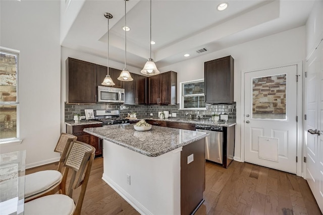 kitchen with a raised ceiling, dark brown cabinets, wood finished floors, and appliances with stainless steel finishes